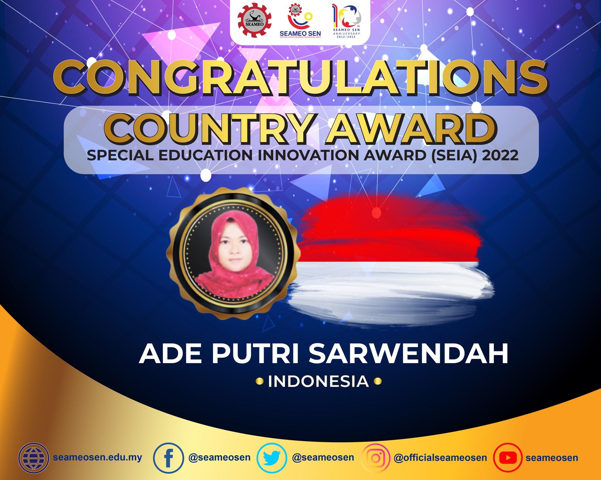 Country Award for Indonesia is Mdm. Ade Putri Sarwendah