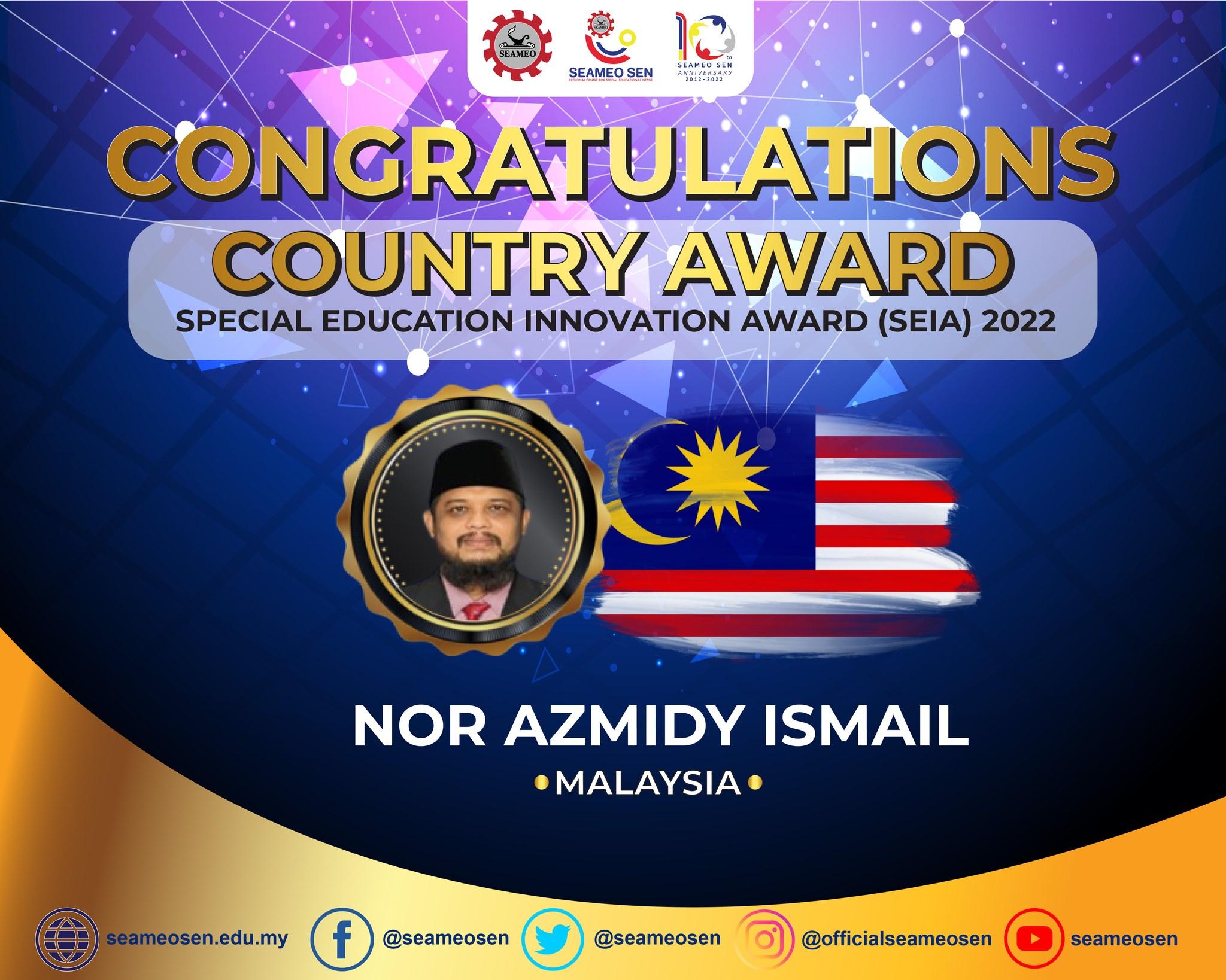 Country Award for Malaysia is Mr. Nor Azmidy Ismail