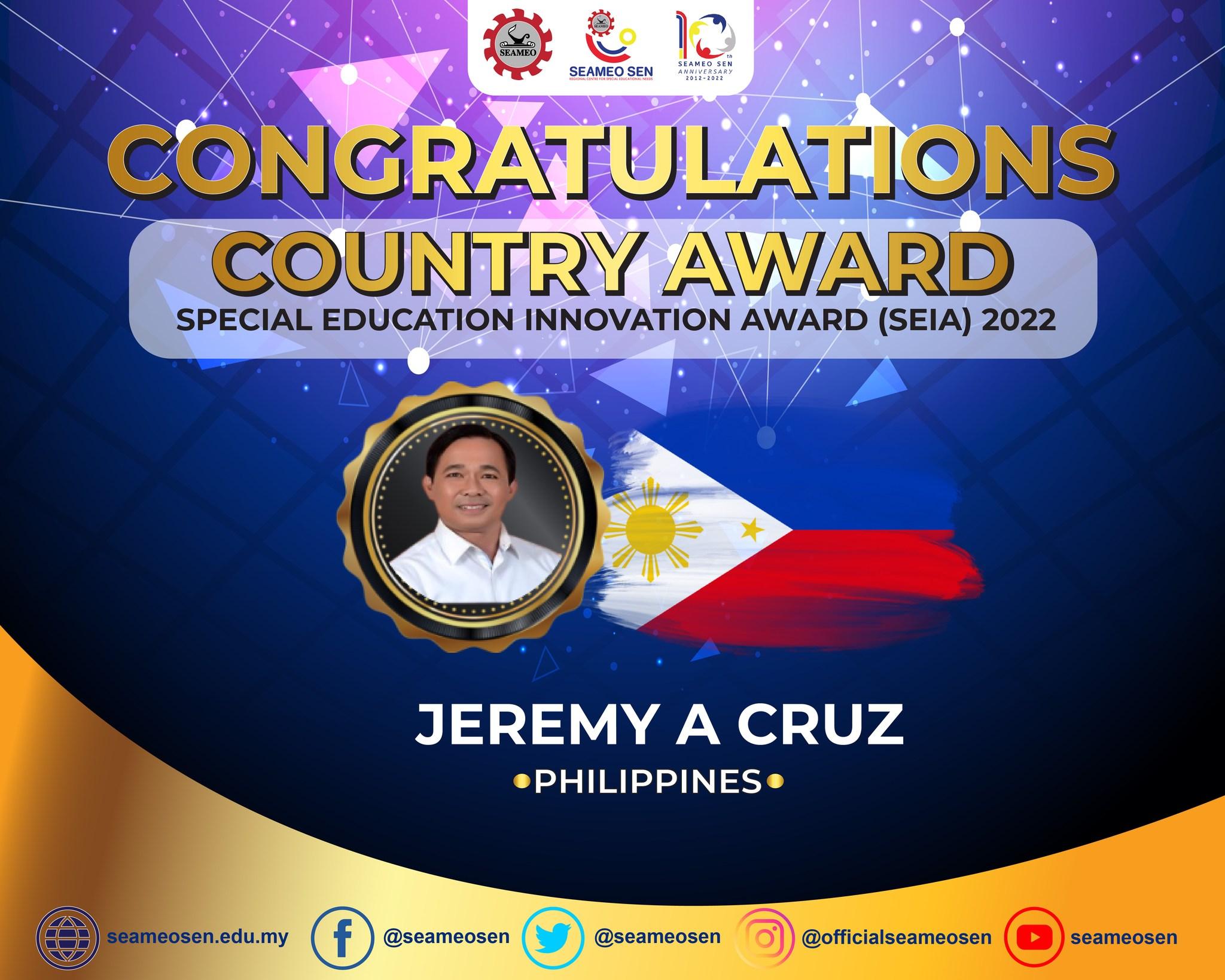 Country Award for Phillippines is Mr. Jeremy A Cruz