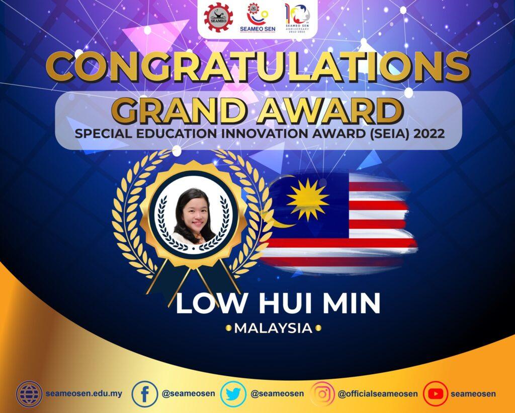 Grand Award SEIA 2022 winner is Dr. Low Hui Min from Malaysia